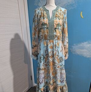 Soft Surroundings Blue and Gold Long Sleeve Dress